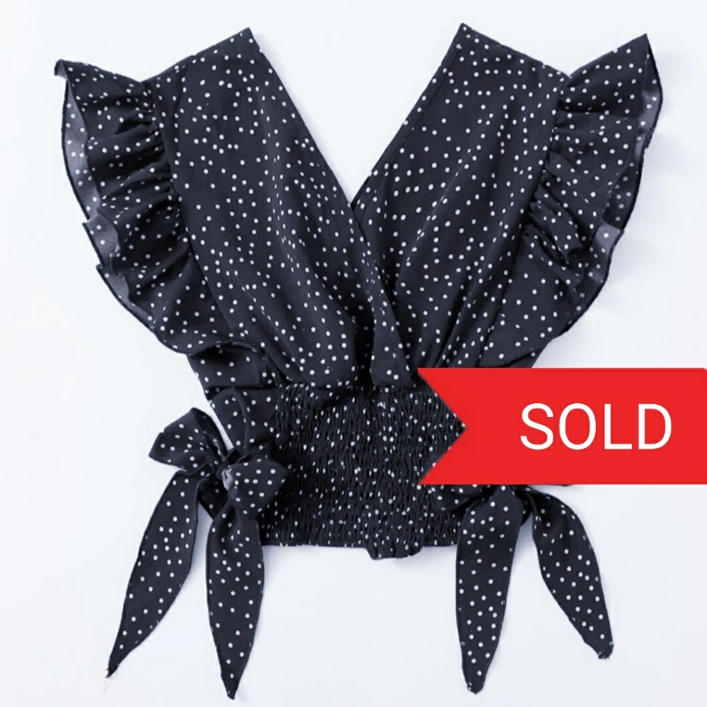 Shirred Polka Dot Ruffle Sleeve Top